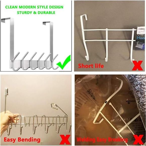 Over The Door Hooks, Stainless Steel Heavy Duty Over Door Hanger Holder Coat Hat - Picture 4 of 7